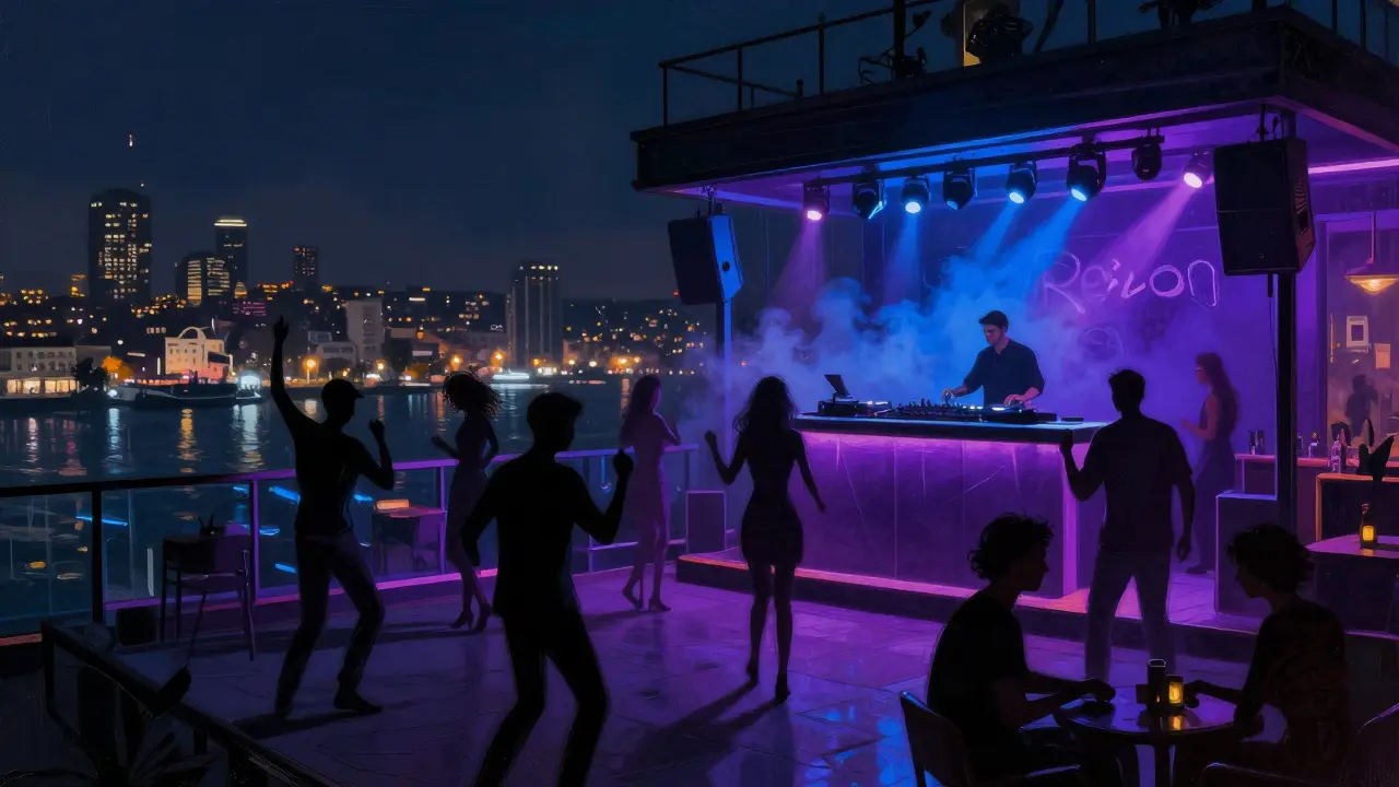 Crowd dancing at Reina nightclub under neon lights, Istanbul skyline shimmering behind them.