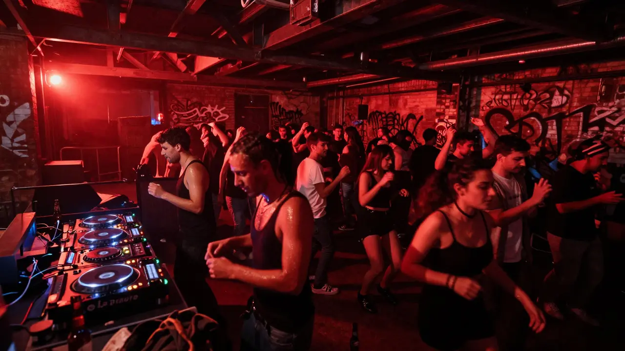 Crowd dancing in a dim, industrial underground club to pulsing techno music.