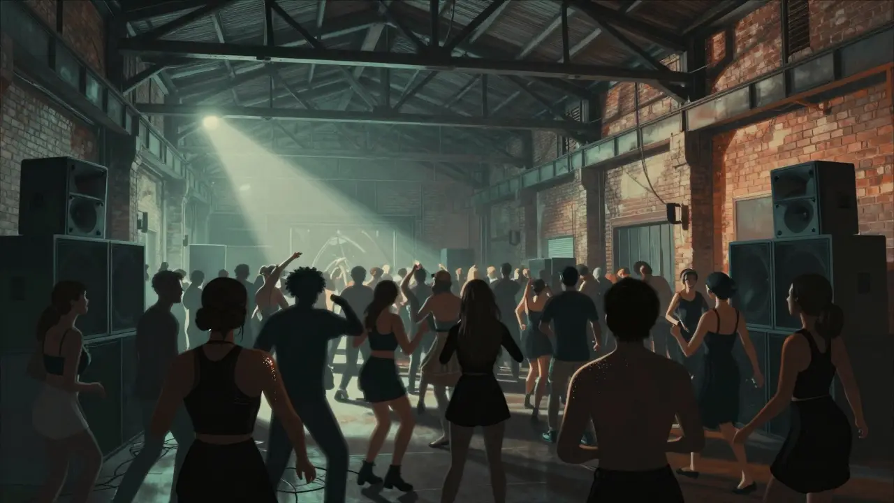 Crowd dancing in a warehouse club with industrial lighting and deep house music.