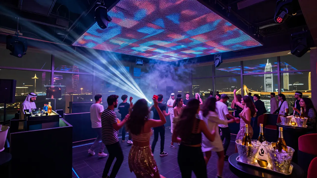 Crowd dancing under strobe lights in a vibrant nightclub with DJ booth and VIP tables.