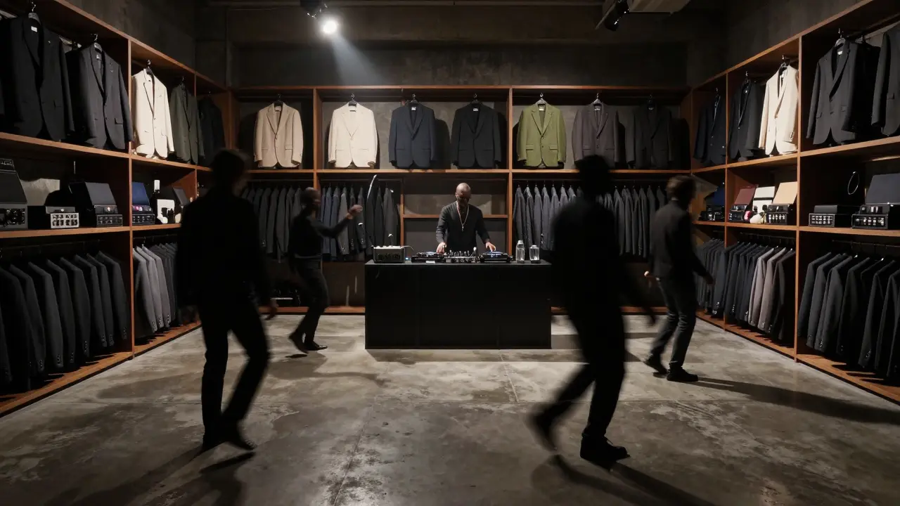 Dancers in shadow under vintage Armani suits in a converted fashion archive, illuminated by a single spotlight.