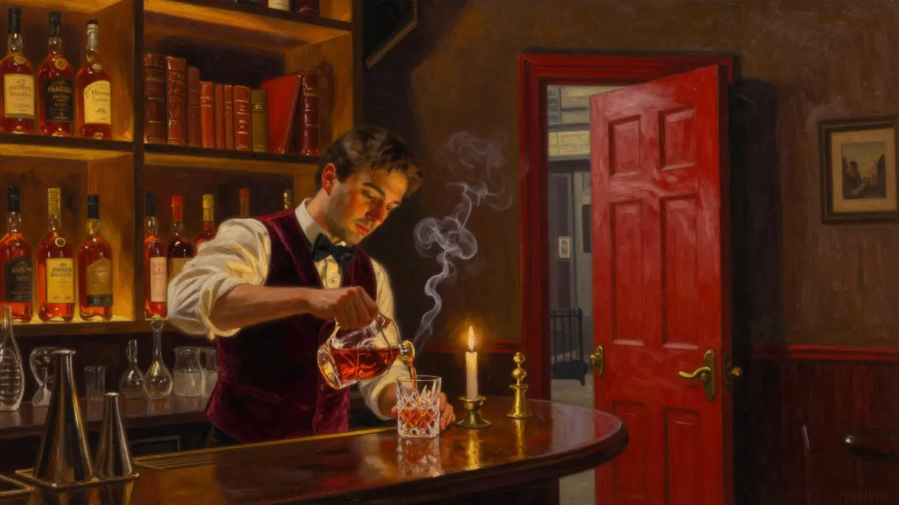 Dimly lit speakeasy bar with whiskey bottles and books, a bartender pouring a drink by candlelight, red door slightly open to a dark alley.