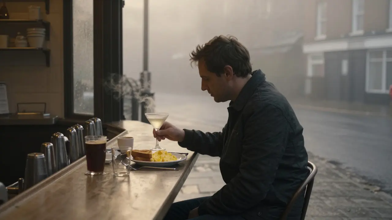 Diner enjoying a Breakfast Martini and scrambled eggs at 4 a.m. in a quiet London pub with dawn light.