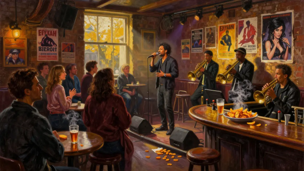 Diverse crowd dancing under stage lights at a live music venue with horn players on stage.