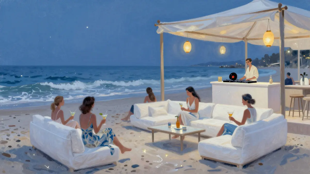 Elegant guests relaxing on white sofas at La Plage beach club under floating lanterns, with waves and stars in the background.