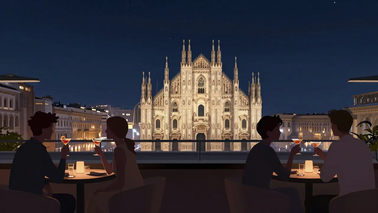 Elegant patrons overlooking Milan's Duomo from a quiet rooftop bar under starry skies.