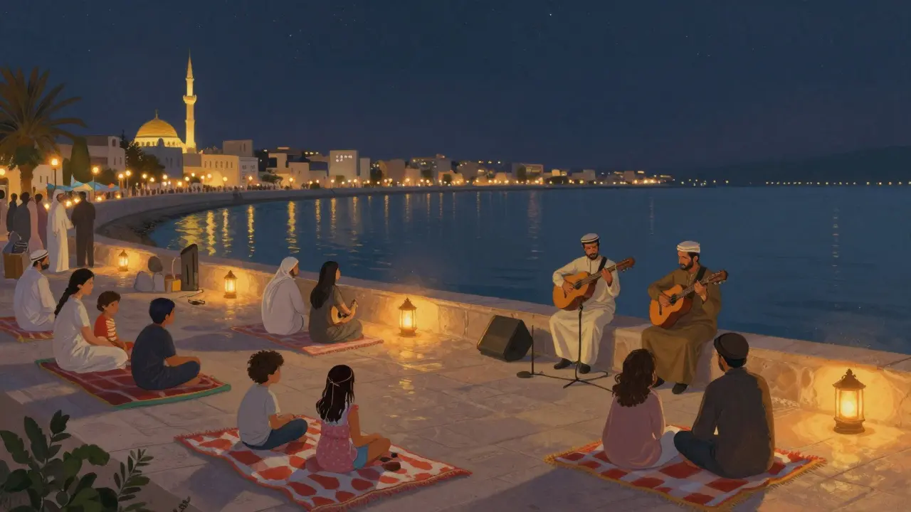 Families listening to live music at Al Qasba’s waterfront stage on a starry Friday night, with lanterns and calm water reflecting city lights.