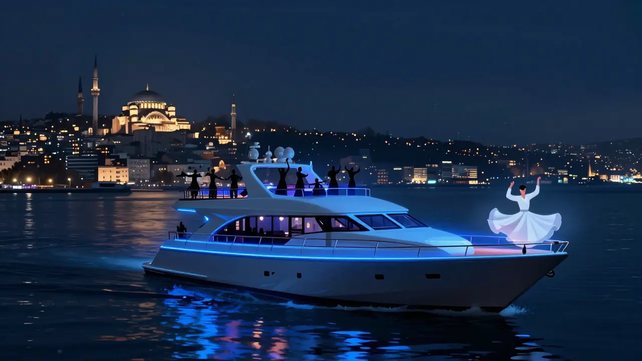 Floating nightclub on the Bosphorus at night, dancers on deck with city lights behind, a spinning dervish on the bow amid mist and water reflections.
