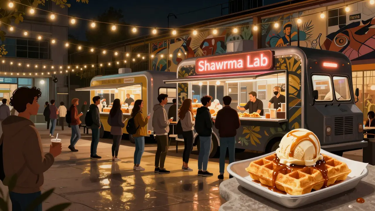 Food trucks at Alserkal Avenue serving shawarma and waffles under string lights, crowd enjoying late-night bites.