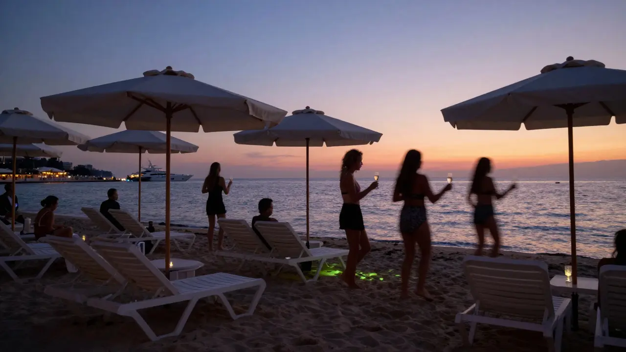 Guests dancing on the beach at Nikki Beach Monaco as sunset fades into night.