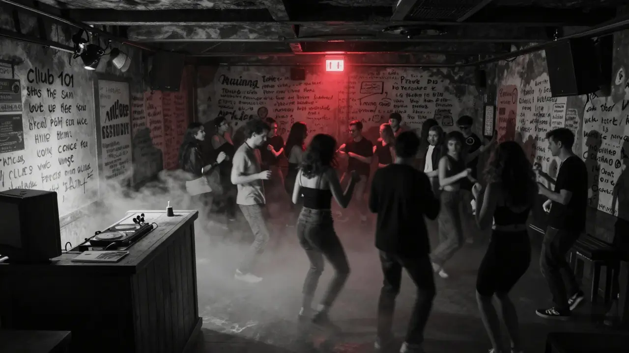 Hidden basement club with fog, handwritten lyrics, and a small crowd dancing in dim red light.
