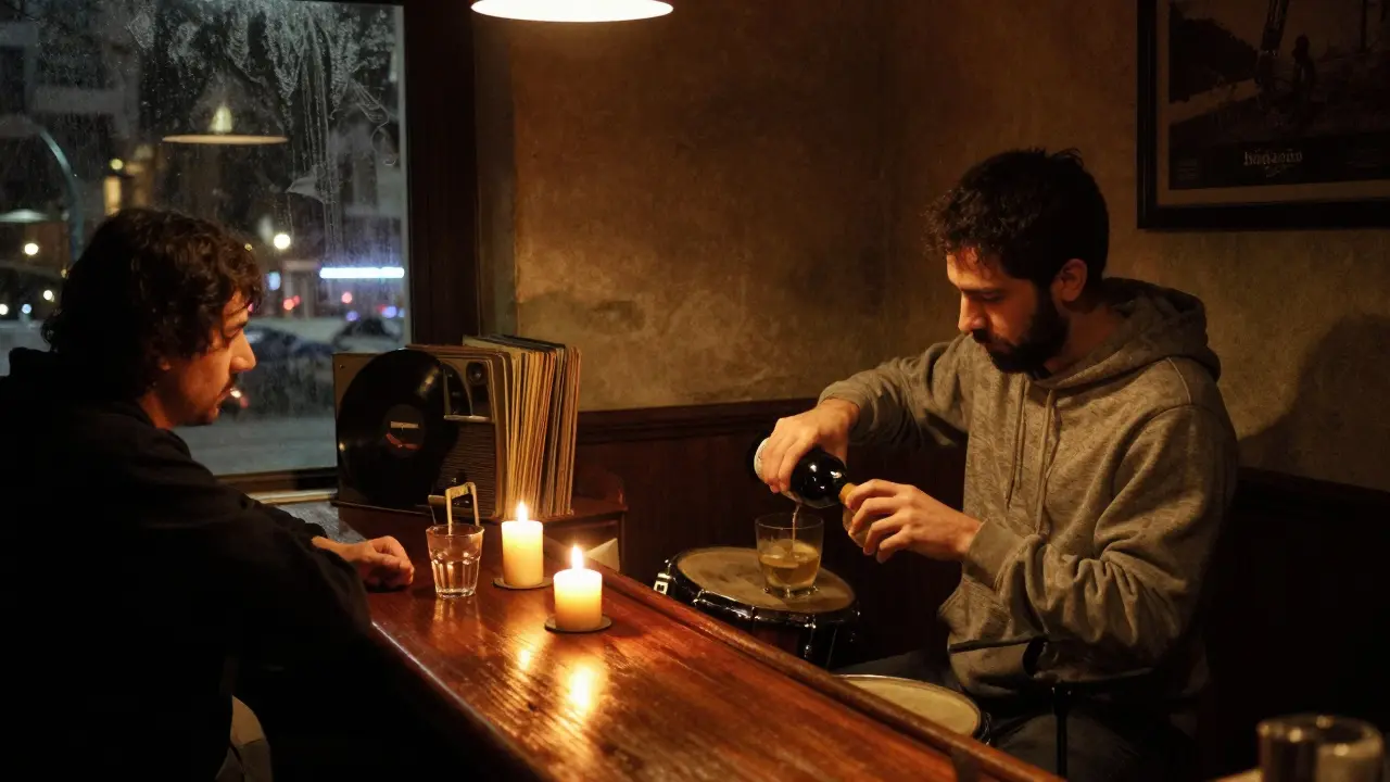 Intimate candlelit bar on the Asian side with a jazz drummer pouring a drink by vintage records.