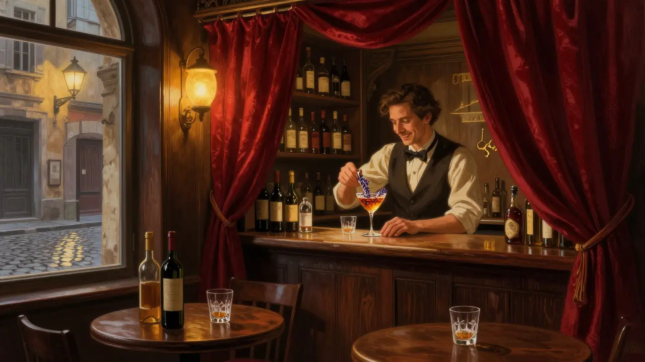 Intimate dimly lit bar in Brera with wooden shelves of wine bottles and a bartender crafting a unique cocktail.