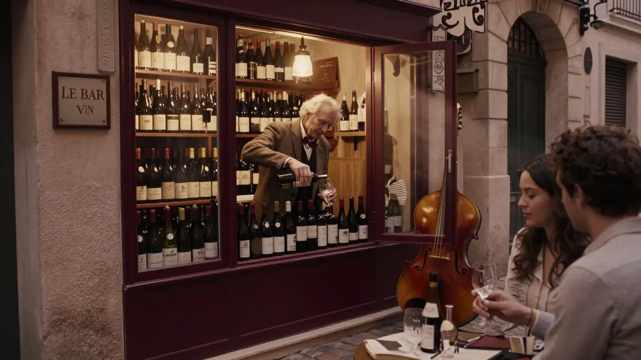 Intimate wine bar scene in Monaco with sommelier pouring wine by lamplight.