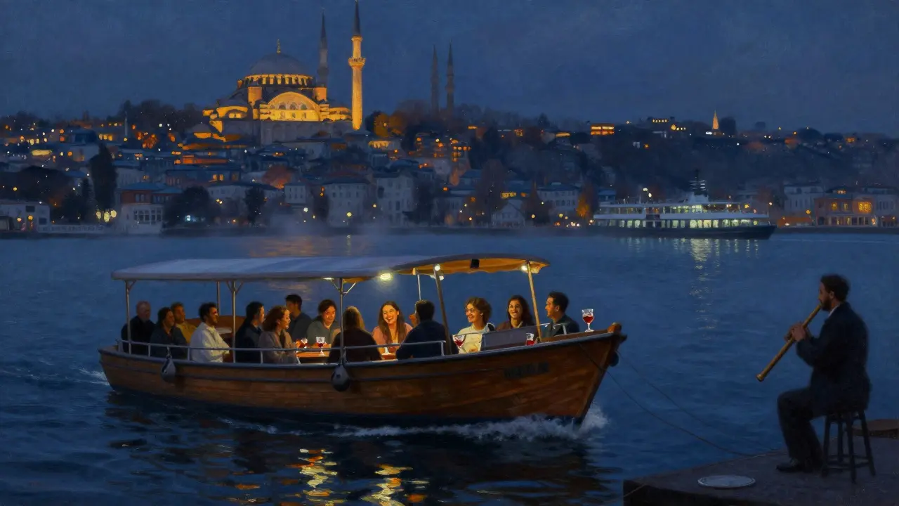Late-night Bosphorus cruise under illuminated mosques, passengers enjoying raki as lights reflect on water.