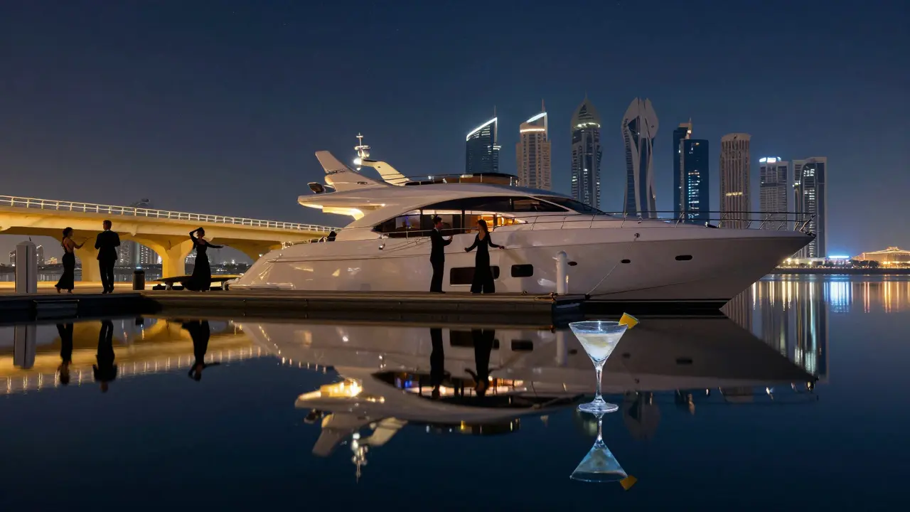 Luxury yacht party at night with city skyline reflected on water and guests dancing under stars.