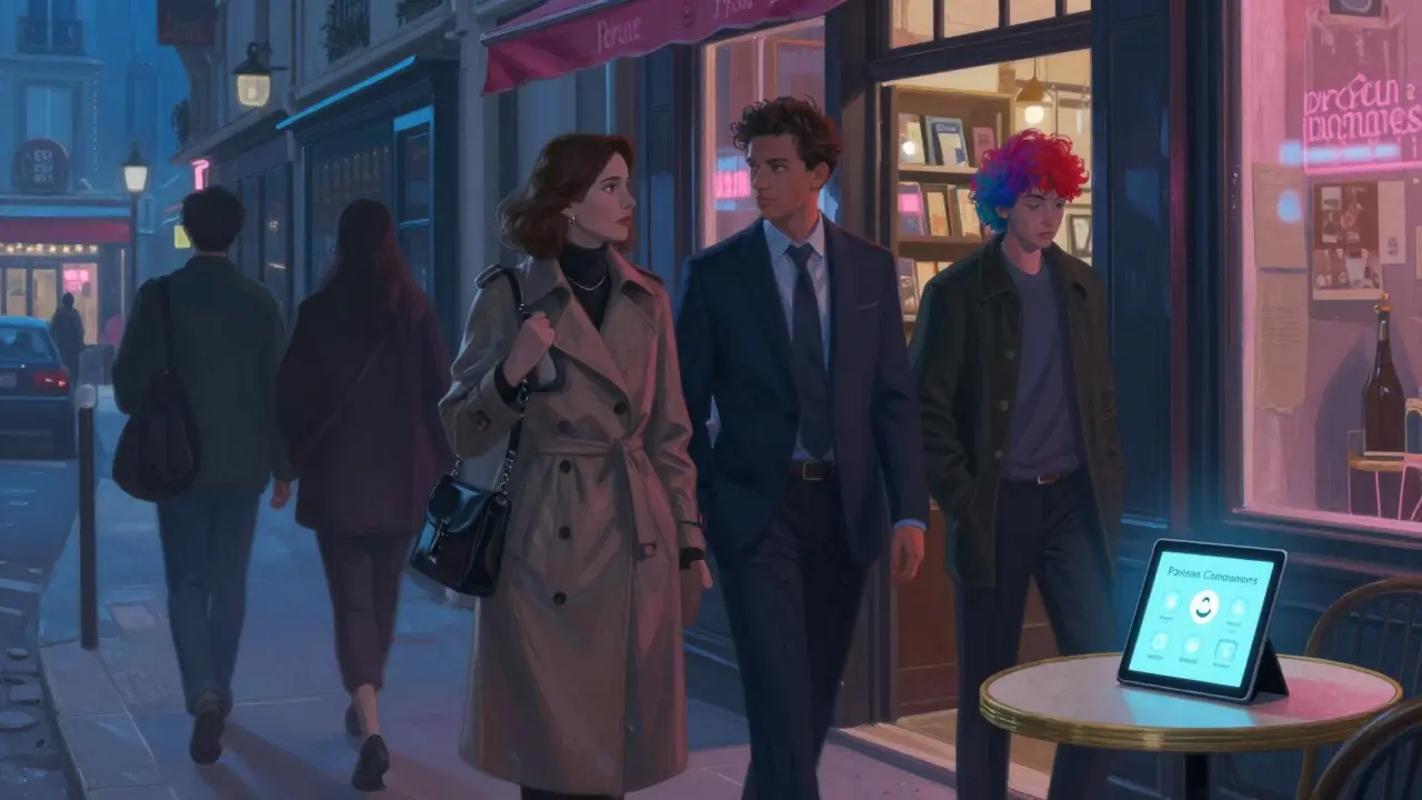 Modern companions entering a discreet Parisian building at night, under soft neon lights and urban ambiance.