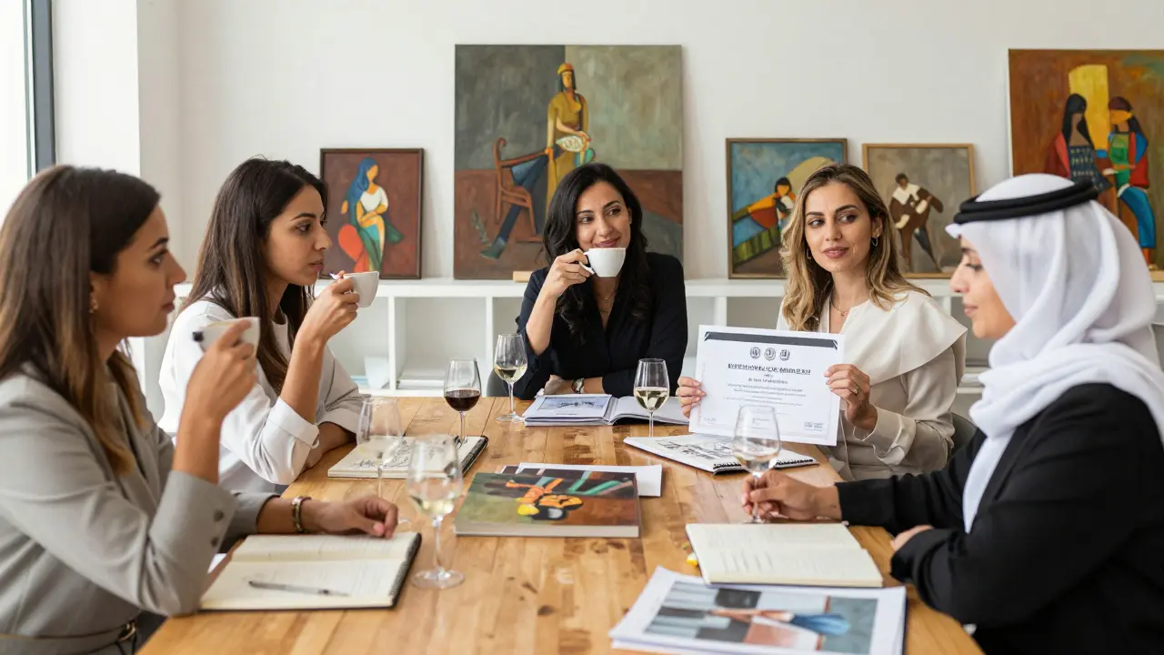 Multicultural women in a sunlit art studio discuss paintings, surrounded by design portfolios and wine glasses, exuding professionalism and independence.