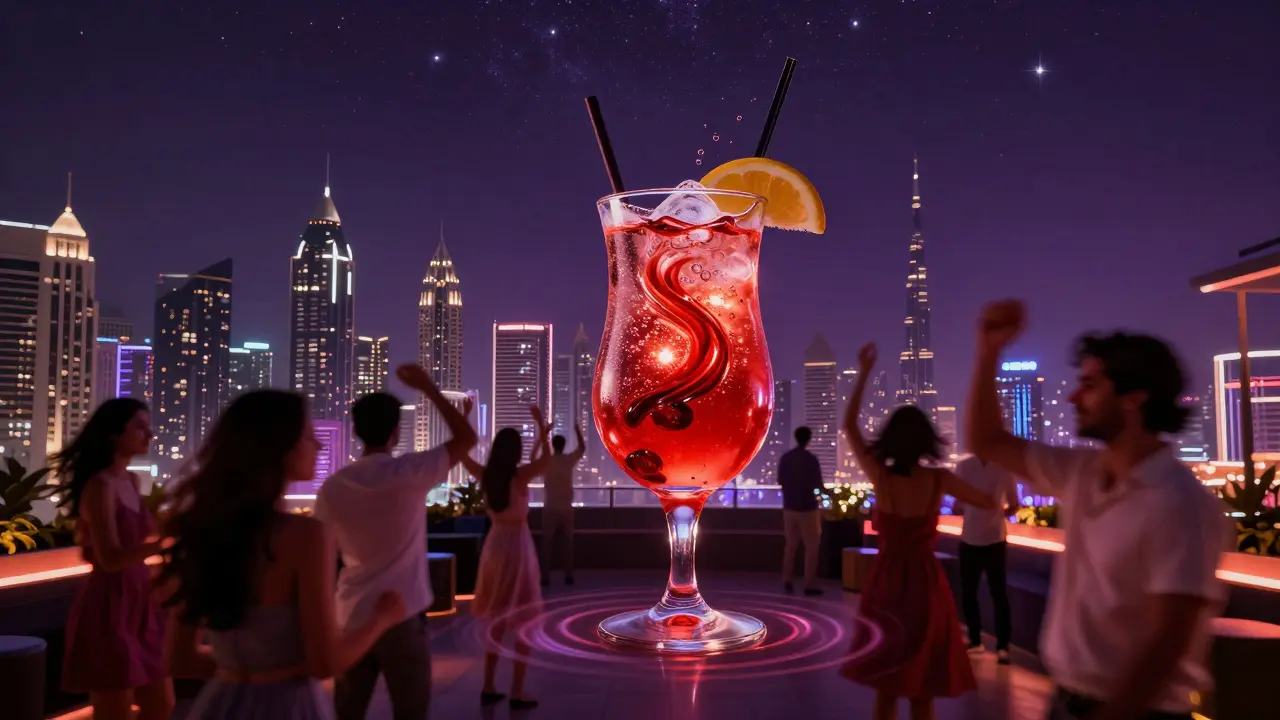 Octave Rooftop party scene with dancing crowd, vibrant city lights below, and a glowing signature cocktail in focus.