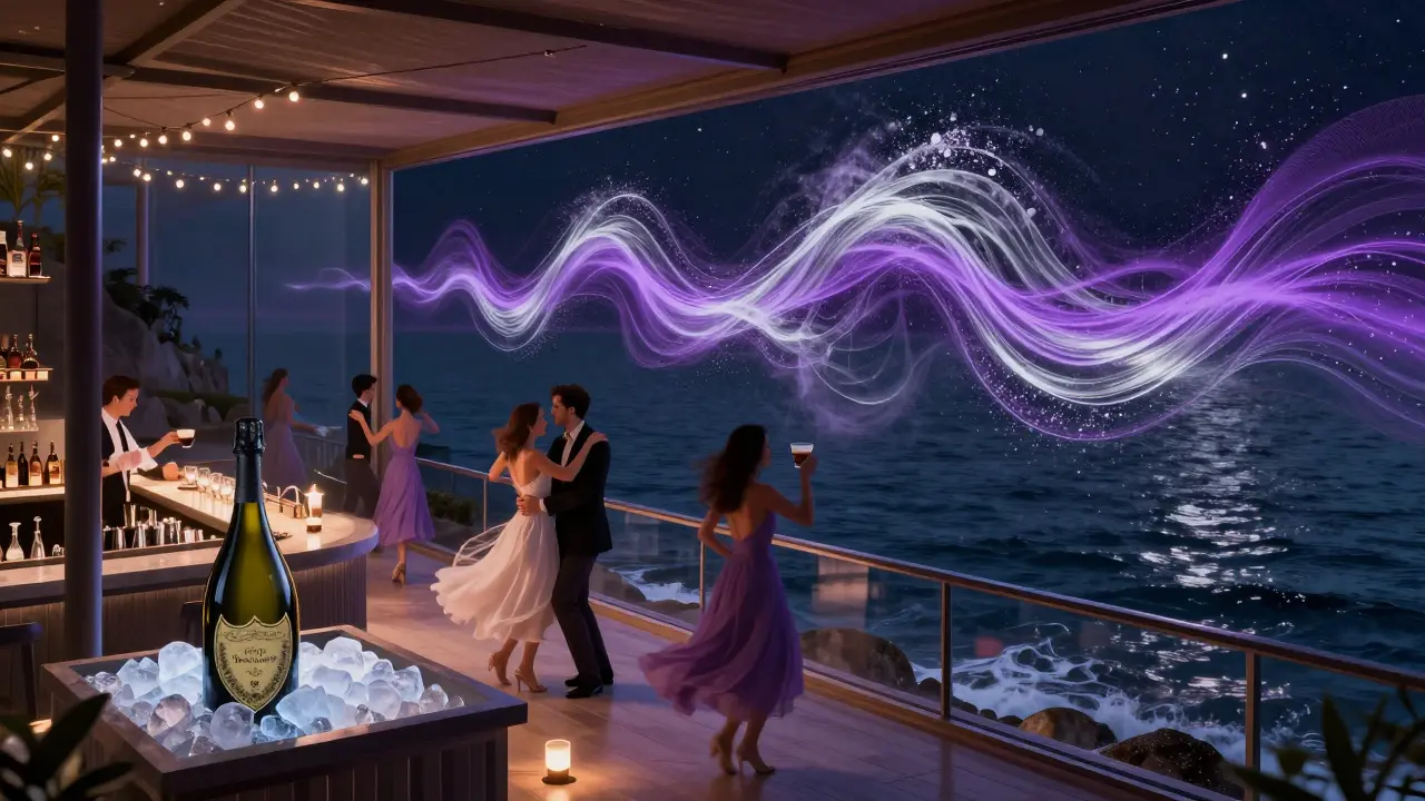 Opal Bar &amp; Lounge on a cliffside at night, guests dancing softly under lights with ocean waves below and stars above.