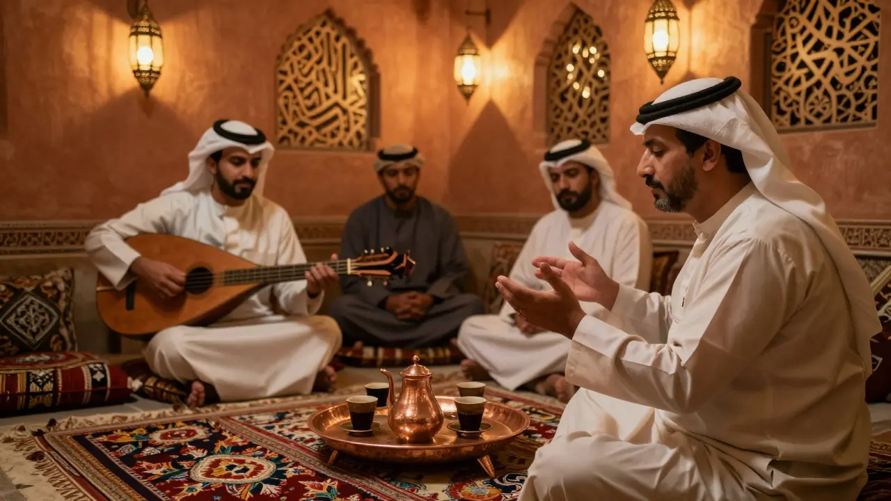 People seated in traditional Emirati setting with oud musician and lantern-lit decor.