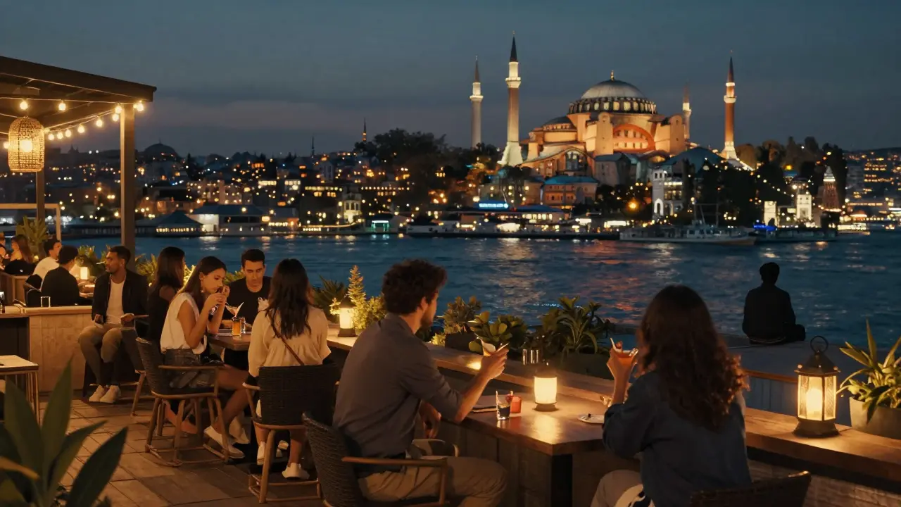 Rooftop bar with panoramic view of Istanbul’s skyline, guests sipping cocktails under string lights.