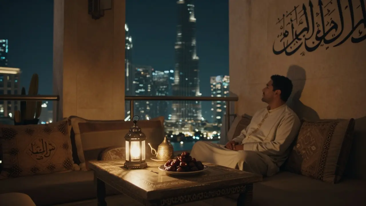 Rooftop café at night with Arabic coffee and dates, Burj Khalifa glowing in the distance under a starry sky.