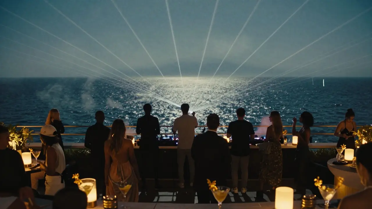 Rooftop club under stars with lasers cutting through mist above the Mediterranean Sea.
