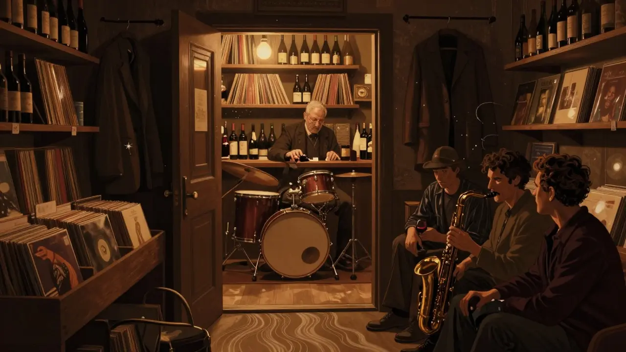 Secret jazz wine den behind a thrift store, patrons listening to vinyl under shelves of records and bottles.