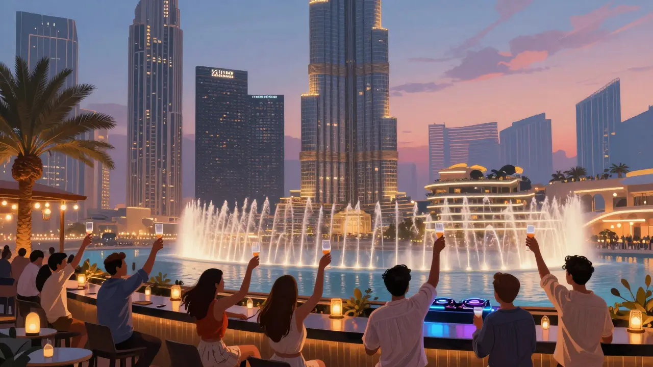 Skyview Bar terrace with Dubai Fountain in motion, guests under string lights as twilight paints the skyline.