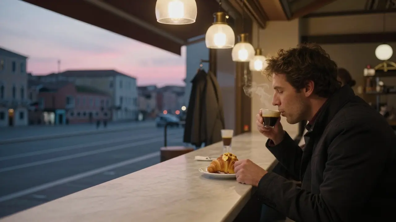 Someone eating breakfast at dawn in a quiet Milanese cafe with morning light streaming in.