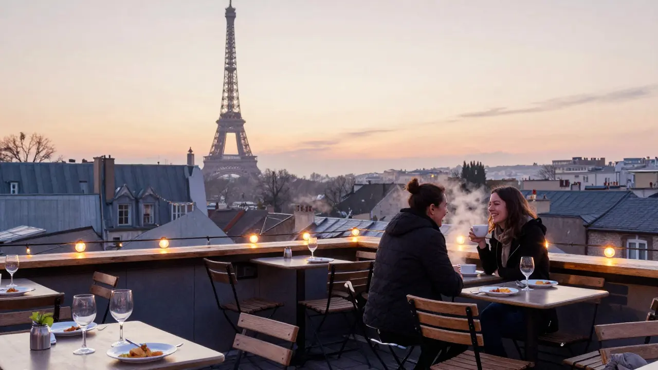 Sunrise over Paris from a rooftop bar, friends laughing as the city wakes up.