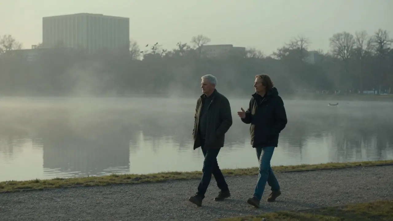 Two individuals walking silently through Tiergarten at dawn, fog rising over a lake as city buildings fade in the background.