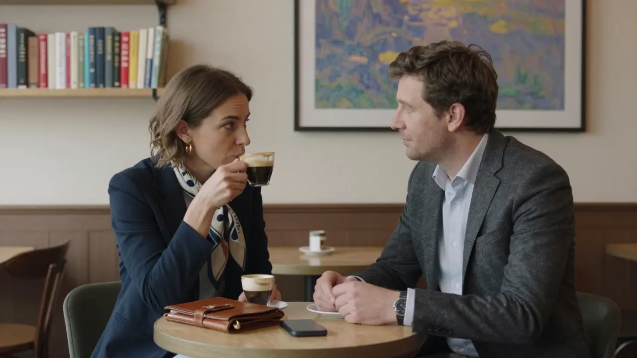 Two people conversing calmly in a Berlin café, exuding discretion and cultural refinement.