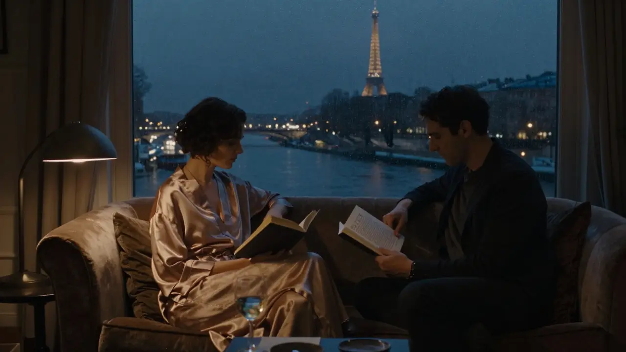 Two people reading Camus together in a Paris apartment with a view of the Seine at night.