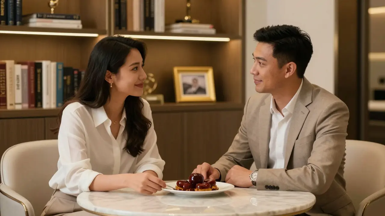Two people share dessert at a luxury apartment table, golden light illuminating their calm expressions.