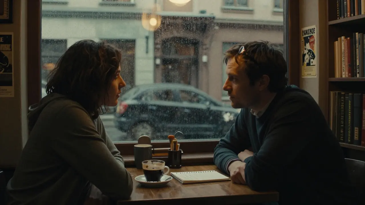 Two people sit in a cozy Berlin café, engaged in thoughtful conversation with no phones or distractions.