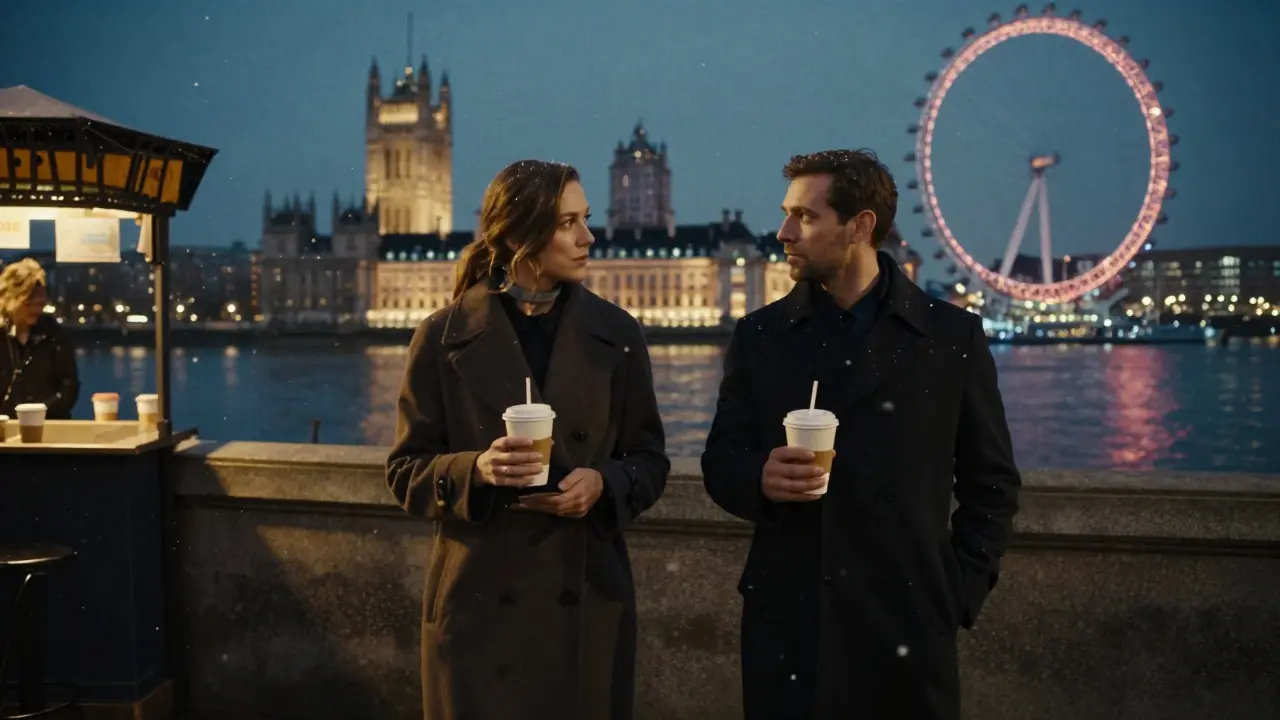 Two people walking along the Thames at night, holding hot chocolates, under the glow of city lights.