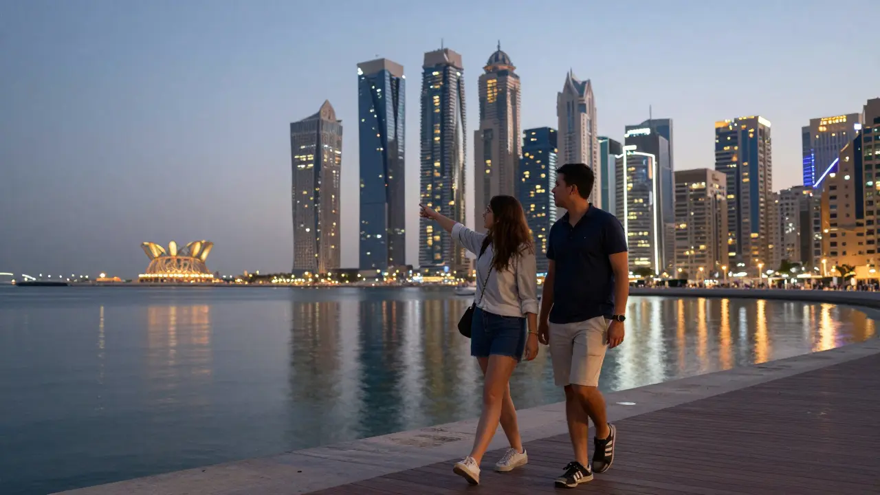 Two people walking peacefully along Dubai Marina at twilight, skyscrapers glowing in the distance.