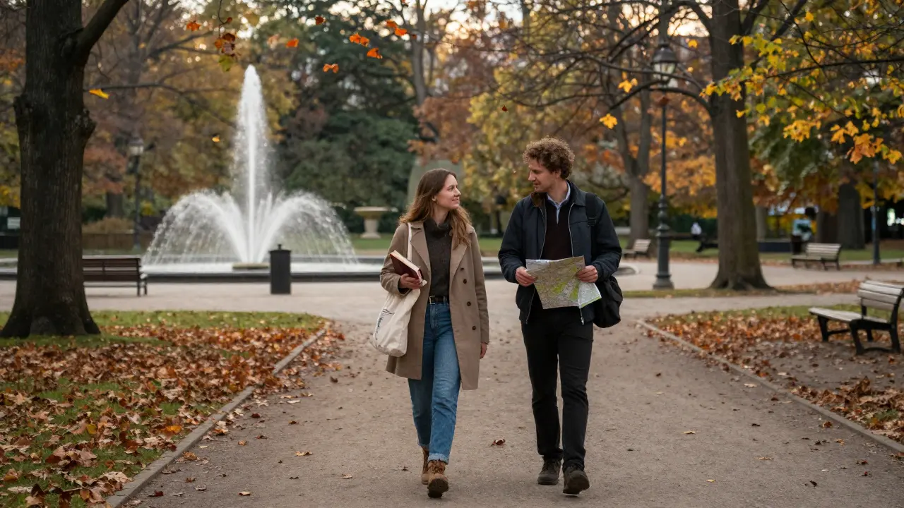 Two people walking peacefully through Tiergarten Park in autumn, sharing a calm moment.