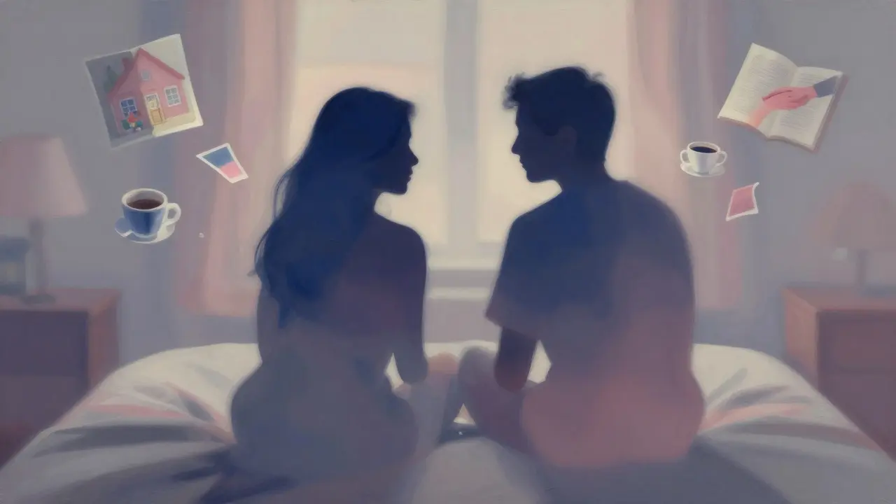 Two silhouettes sit side by side on a bed, surrounded by glowing fragments of memories in soft abstract tones.