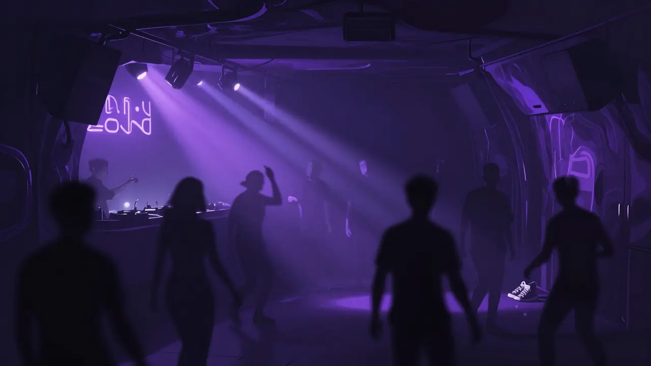 Underground nightclub with strobe lights and fog, silhouettes of dancers moving to bass-heavy music.