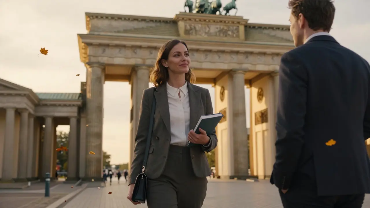 Woman and client walking together near Brandenburg Gate at sunset, talking quietly.