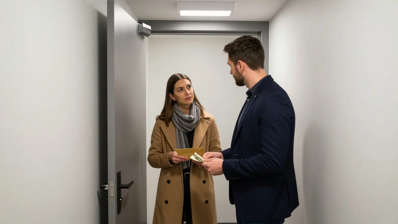 A client and escort meet professionally outside a hotel room door in Berlin, cash in hand.