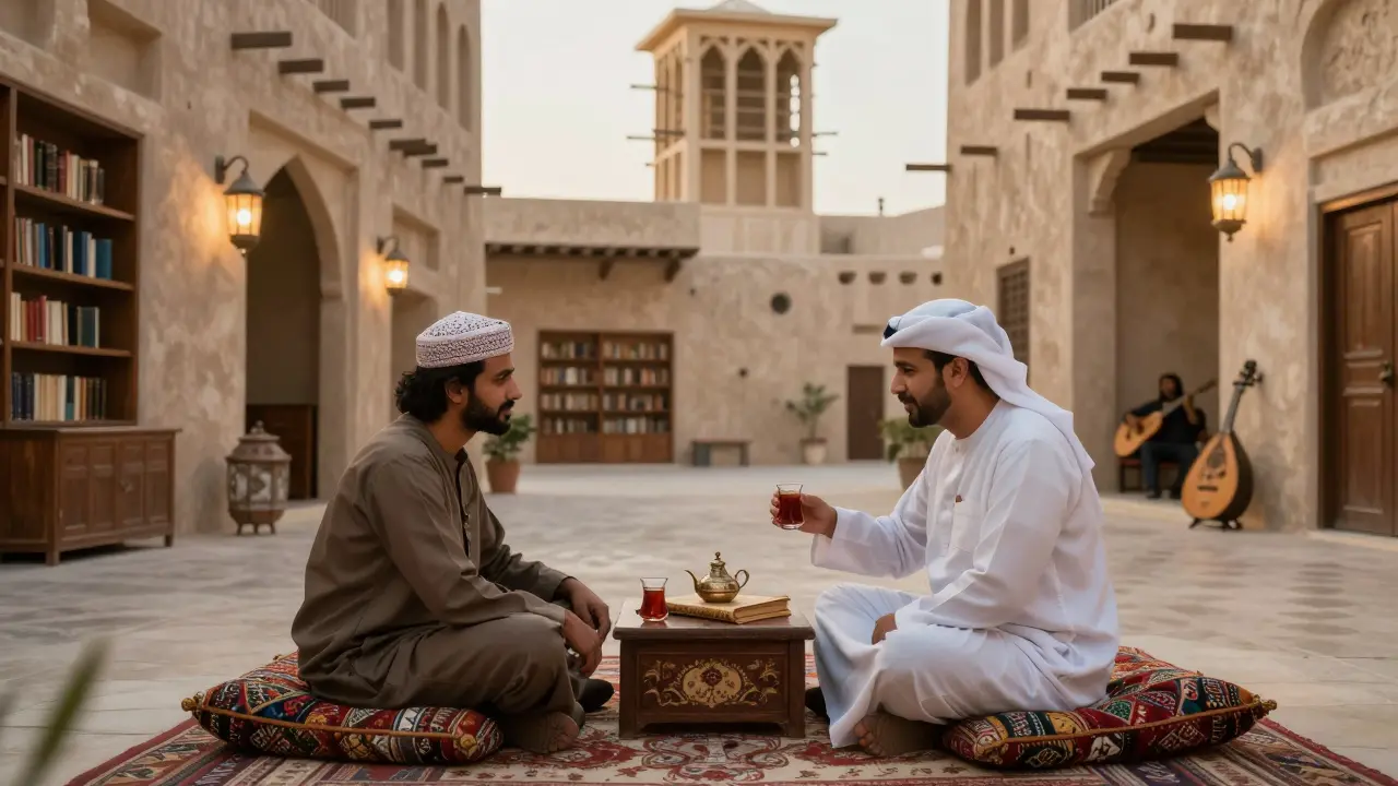 A companion and client sharing Arabic tea in a restored heritage courtyard, examining a manuscript under soft lantern light.