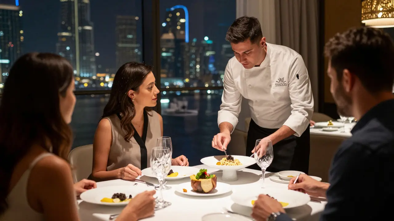 A couple enjoys a private dinner in a luxurious Dubai restaurant, skyline visible through floor-to-ceiling windows.