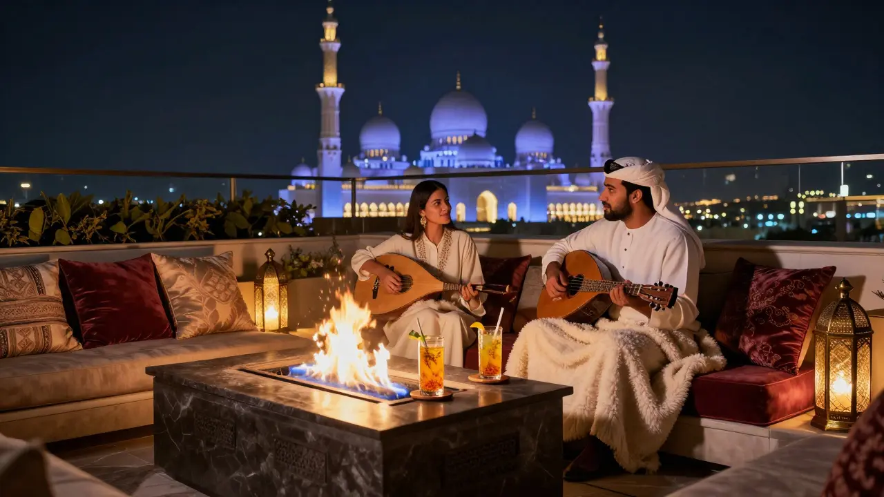 A couple enjoys a quiet evening at the St. Regis rooftop, fire pit glowing with oud music in the background.