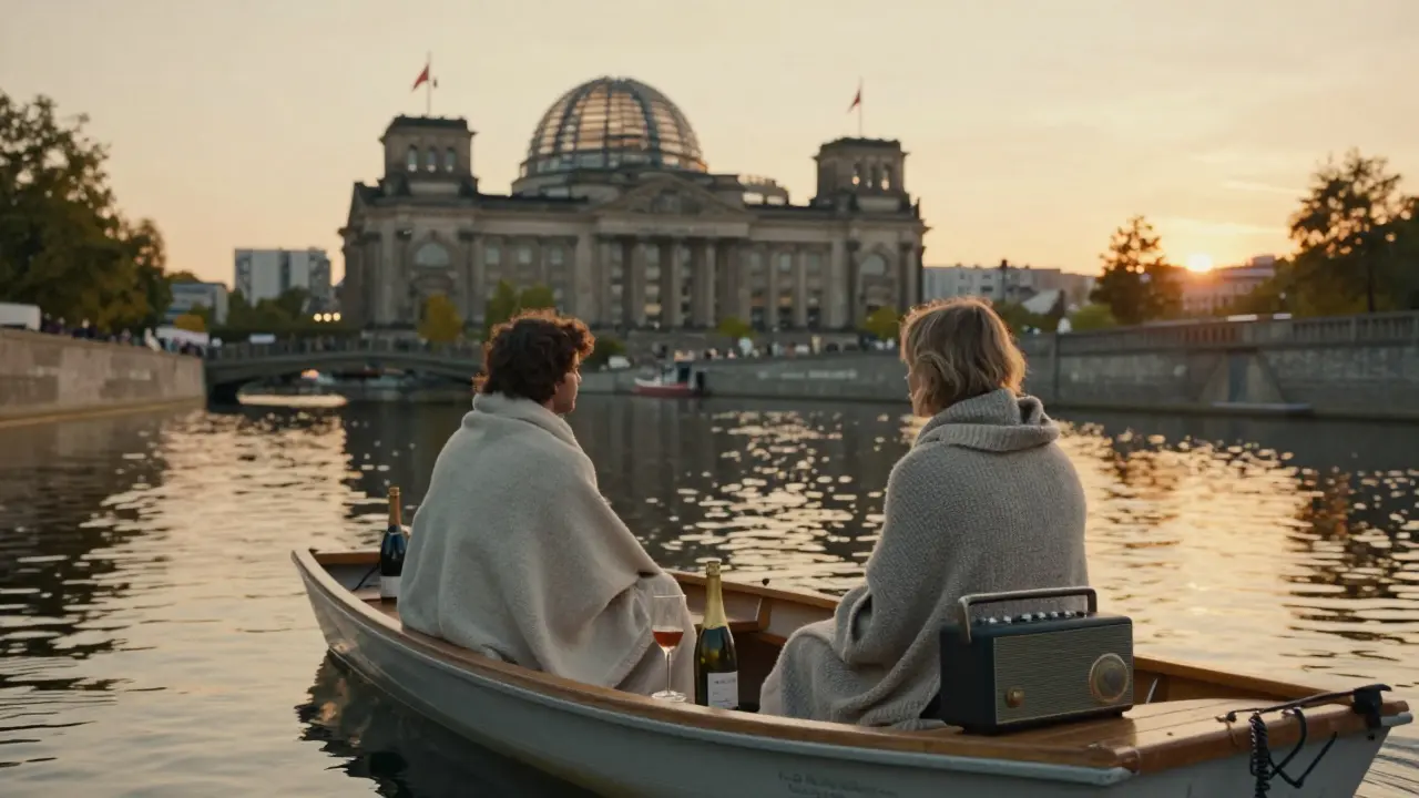 A couple on a small boat on the Spree River at sunset, wrapped in blankets, floating past historic buildings.