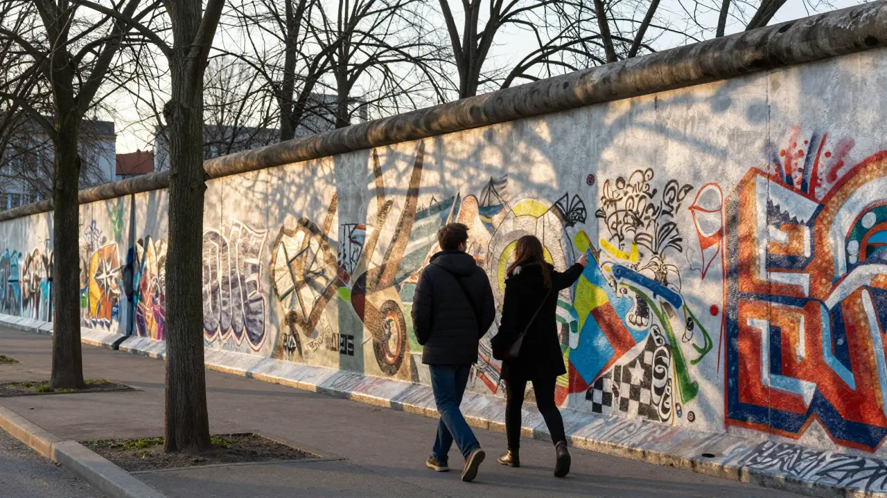 A couple walking along the East Side Gallery, admiring murals in the morning light.