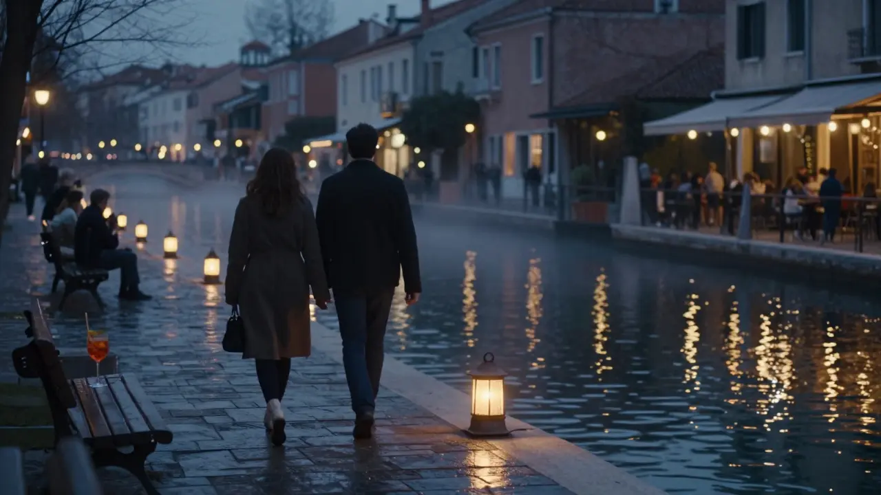 A couple walking along the Navigli canal at night, lanterns reflecting on water, quiet city ambiance.